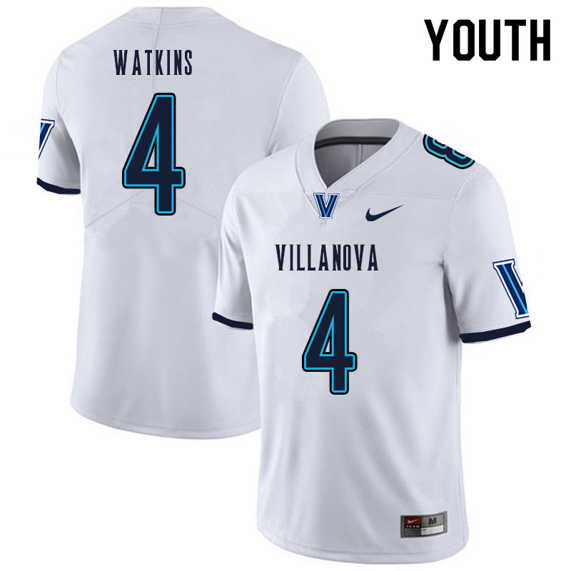 Youth #4 Connor Watkins Villanova Wildcats College Football Jerseys Sale-White - Click Image to Close